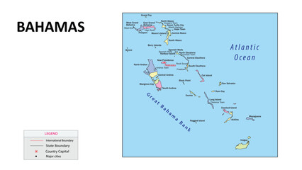 Bahamas Map. State and union territories of Bahamas with neighbouring countries. Political map of Bahamas with capital and important cities in Detailed.