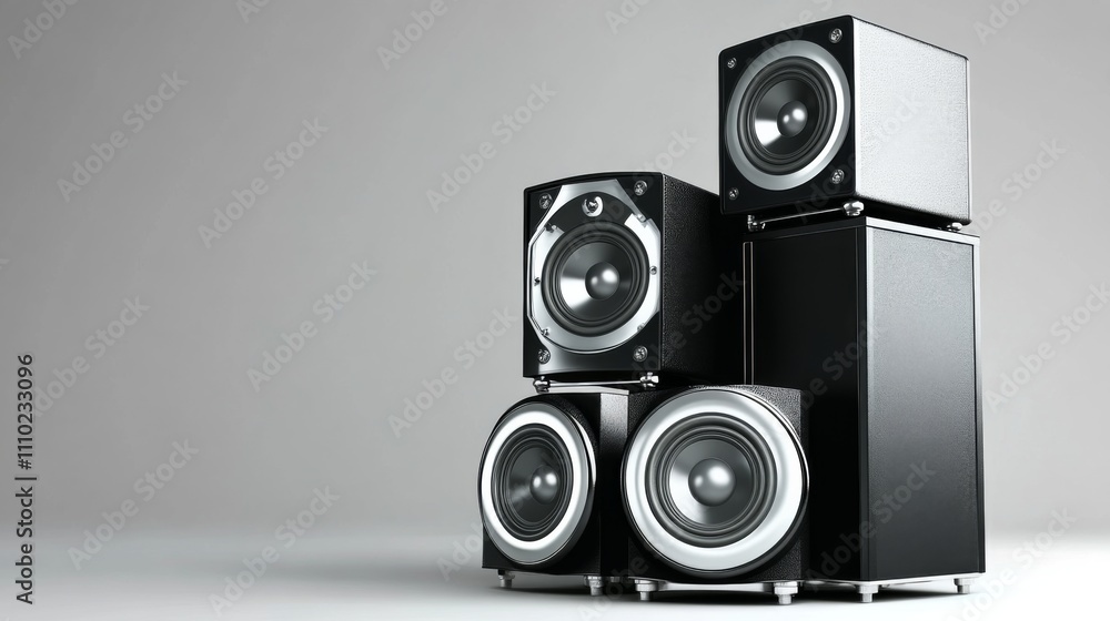 Poster a collection of modern audio speakers stacked in a minimalist setup showcasing design and sound qual