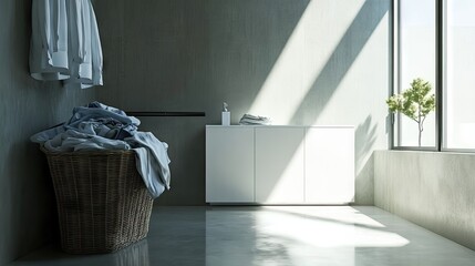 A modern and minimalistic laundry room featuring a neat laundry basket full of dirty clothes