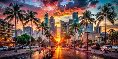 Naklejka premium Captivating Double Exposure Photography of Miami Avenue Blending Urban Life with Vibrant Sunset Skyline for a Unique Artistic Perspective