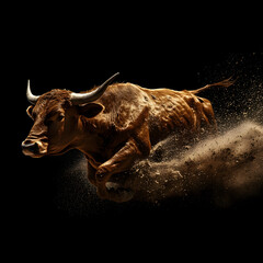 Bull running fast on a black background 