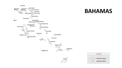 Bahamas Map. State and district map of Bahamas. Administrative map of Bahamas with states and boundaries in white color.