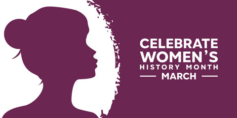 Women's History Month. Women and white color. Great for cards, banners, posters, social media and more. Purple background.