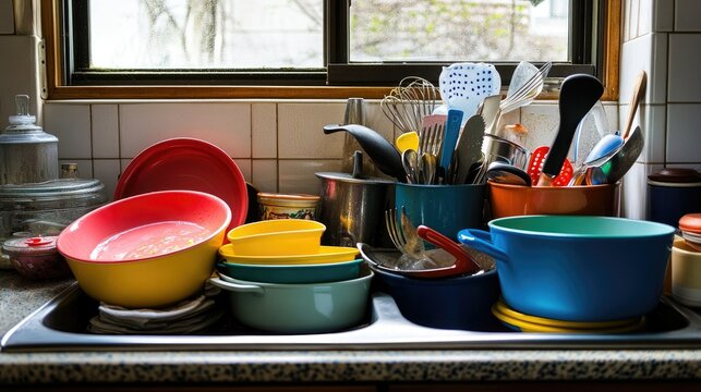 A modern kitchen sink overflowing with unwashed dishes, including pots, pans, and colorful bowls