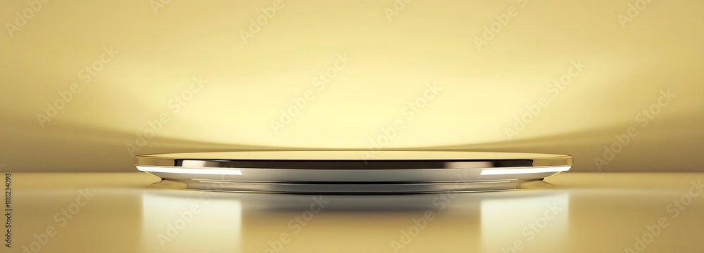 Aufkleber futuristic chrome podium with sharp edges, illuminated under soft lighting, surrounded by a pastel y