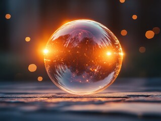 Vibrant bubble with colorful bokeh reflection in warm lighting