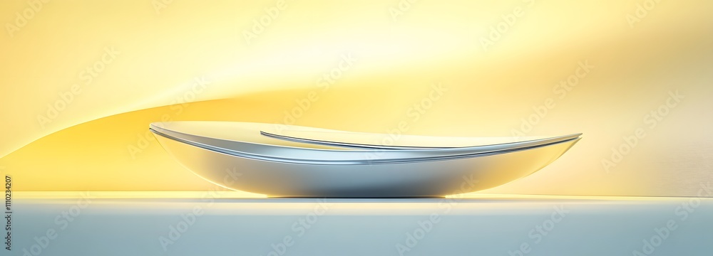 Poster futuristic chrome podium with sharp edges, illuminated under soft lighting, surrounded by a pastel y