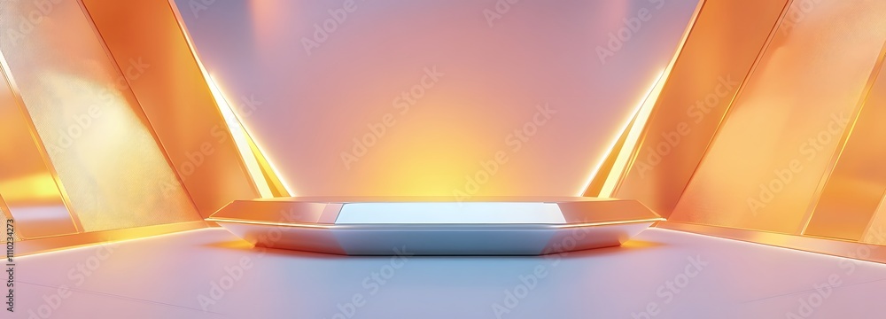 Poster futuristic chrome podium with sharp edges, illuminated under soft lighting, surrounded by a pastel y