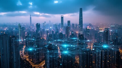 Fototapeta premium Aerial view city night densely populated tall buildings An