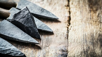 Close-up of ancient stone tools, sharp flint knives, and polished axes on a weathered wooden surface, symbolizing prehistoric craftsmanship and the dawn of human ingenuity.