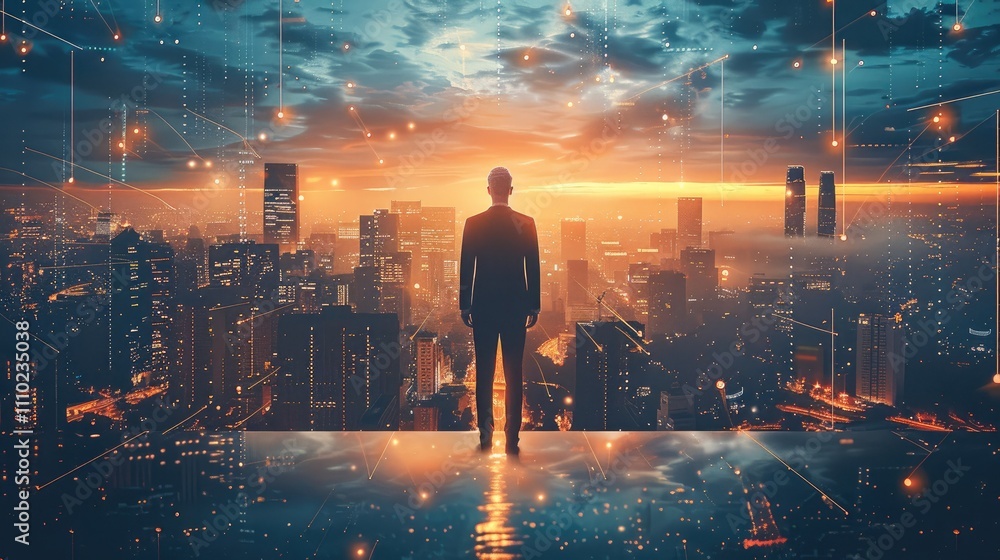 Aufkleber a modern businessman standing confidently with a city skyline in the background, symbolizing growth 