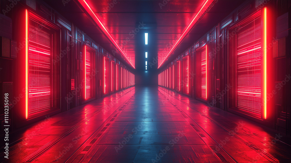 Poster futuristic hallway with glowing red lights and sleek walls in a mysterious location during evening h