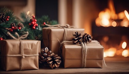 A stack of gifts wrapped in brown kraft paper and tied with twine, adorned with sprigs of holly and pinecones, sitting near a glowing fireplace.