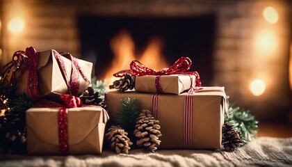 A stack of gifts wrapped in brown kraft paper and tied with twine, adorned with sprigs of holly and pinecones, sitting near a glowing fireplace.
