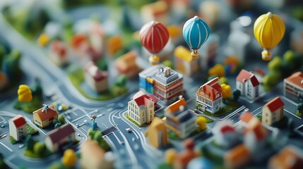Obraz premium Close-up miniature model city multiple buildings roads are Real Estate: A 3D