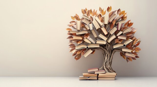 An abstract representation of intergenerational wisdom with a tree whose branches are made of books and each leaf represents different age groups