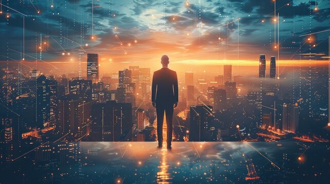 A modern businessman standing confidently with a city skyline in the background, symbolizing growth and ambition. The setting includes elements of innovation such as graphs, charts, and light bulbs.