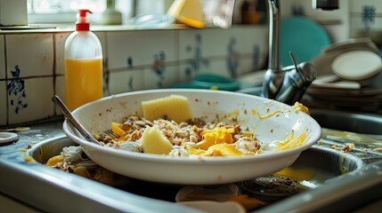 A pile of dirty dishes with leftover food in a deep ceramic sink, with a sponge and dish soap bottle in view