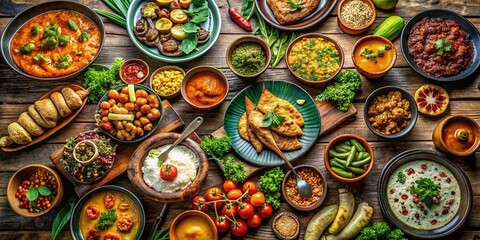 Captivating Food Photography Showcasing a Vibrant Spread of Interstate Cuisine with Colorful Dishes, Fresh Ingredients, and Artistic Presentation for Culinary Enthusiasts and Travelers