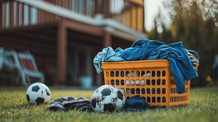 A plastic laundry basket packed with sports clothes, muddy socks, and a soccer ball nearby
