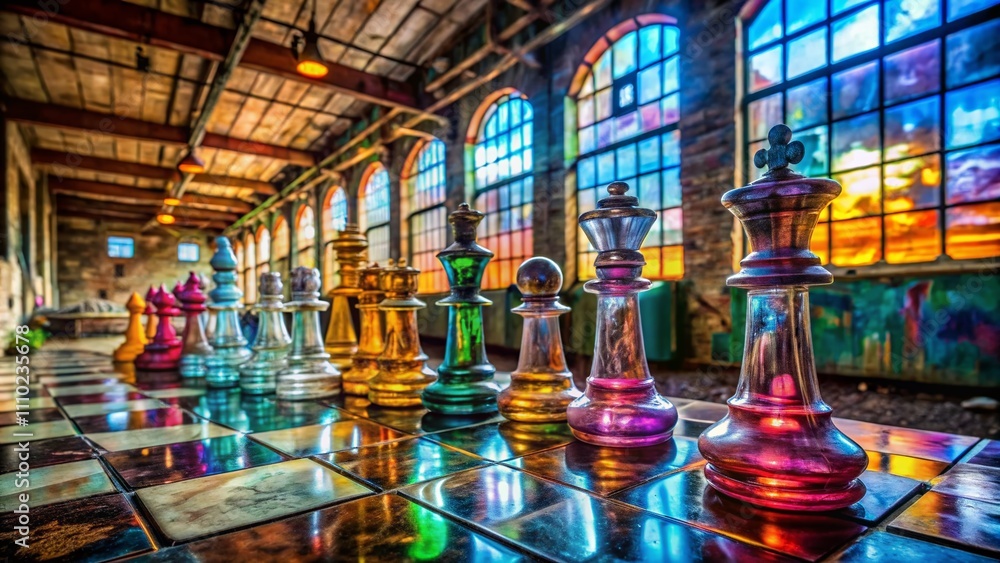 Aufkleber captivating glass chess set in an urban exploration setting with reflections and graffiti art as a u
