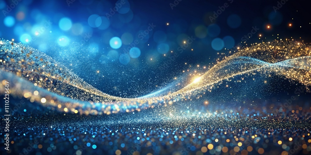 Poster captivating glitter particles in smooth waves on blue background for techno big data concepts and di