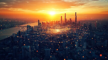 Obraz premium Digital illustration cityscape sunset sky beautiful orange pink dynamic world of global