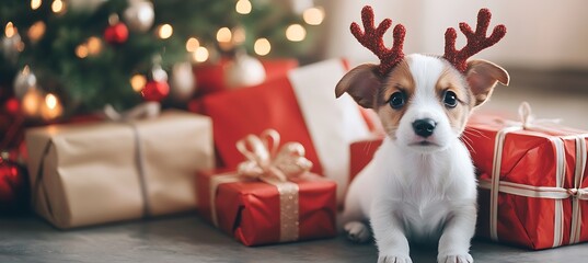  A Christmas puppy wearing reindeer antlers, sitting next to a stack of wrapped presents under the tree