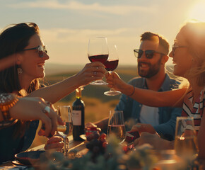 Young people celebrating with toasts of red wine at sunset in an outdoor setting surrounded by scenic views