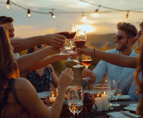Young people celebrating a sunset toast with red wine during an outdoor gathering in a scenic location