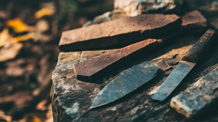 Close-up of ancient stone tools, sharp flint knives, and polished axes on a weathered wooden surface, symbolizing prehistoric craftsmanship and the dawn of human ingenuity.