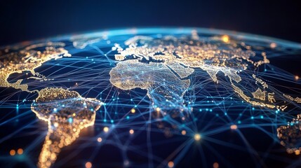 Digital illustration world map dark blue background made hub connects multinational