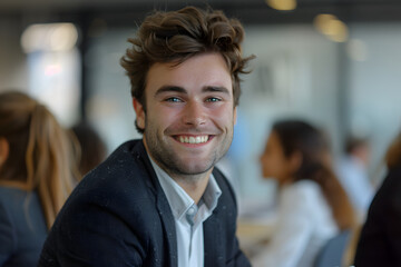 Obraz premium Young professional smiles confidently during a collaborative meeting in a modern office setting filled with engaged colleagues