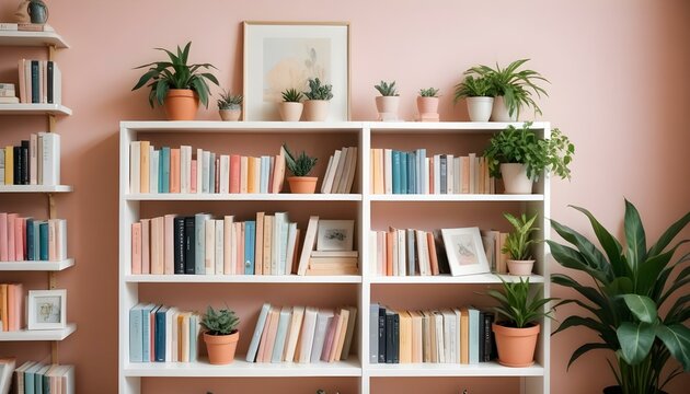 Una estanter&iacute;a blanca con varios libros y plantas en macetas, contra una pared de color claro