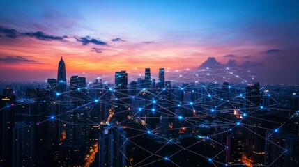 Fototapeta premium Landscape photograph city dusk sky filled orange pink IoT and 5G are