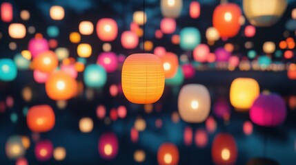 An abstract scene of multi-colored lanterns floating together to create a unified, radiant glow against a dark background
