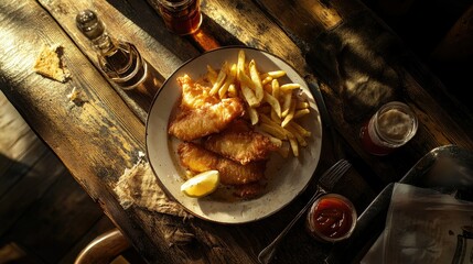 A rustic meal of fish and chips served on a wooden table with malt vinegar, ketchup, and lemon wedges nearby