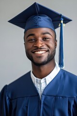 Close-Up of Smiling Graduate in Indigo Blue Gown with Solid Pastel Background