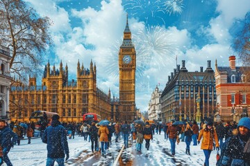 Obraz premium Vibrant fireworks illuminate the sky surrounding big ben during new year s eve festivities