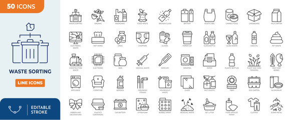Waste Sorting and Recycling icon set. Sorting garbage by type. Plastic, glass, metal, paper, organic, fabric, electronics, batteries, chemicals, medical, construction debris, etc. Vector illustration	