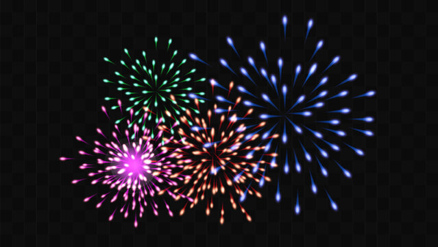 Firework festive color sparkle and twinkle on a transparent background. Holiday Wedding Festival Design for Birthday Card Poster advertising. Vector