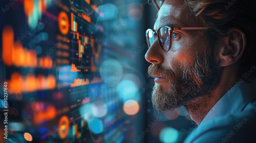 Poster businessman in office, with laptop, holographic digital view of financial graph and data showing the