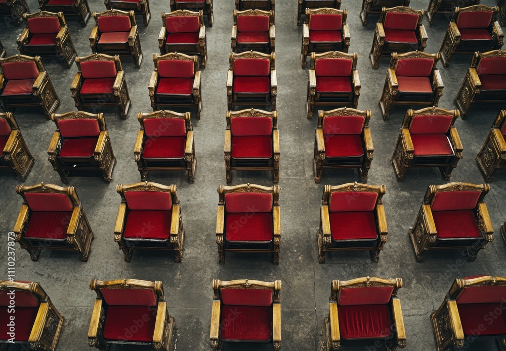 Aufkleber rows of elegant red and gold chairs arranged in a symmetrical pattern, perfect for event spaces, the