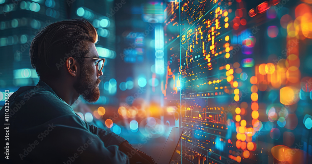 Poster businessman in office, with laptop, holographic digital view of financial graph and data showing the