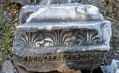Rows of columns in Perge, Antalya, Turkey. Remains of colonnaded street in Pamphylian ancient city.