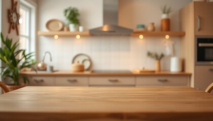 Modern blurred kitchen interior with wood furniture and luxury design includes sink stove oven and table in a contemporary apartment room with cooking appliances and decor