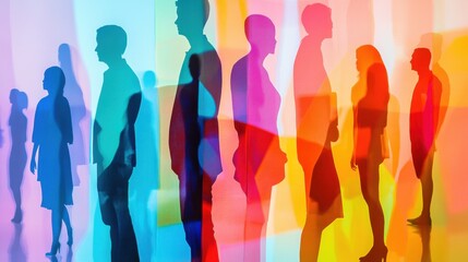 An abstract scene of socio-cultural harmony with overlapping silhouettes of people from different backgrounds creating a harmonious blend, symbolizing societal unity, minimalist composition