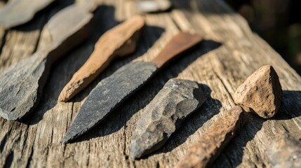 Close-up of ancient stone tools, sharp flint knives, and polished axes on a weathered wooden surface, symbolizing prehistoric craftsmanship and the dawn of human ingenuity.