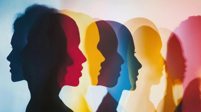 An abstract scene of socio-cultural harmony with overlapping silhouettes of people from different backgrounds creating a harmonious blend, symbolizing societal unity, minimalist composition