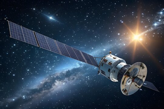satellite in outer space with solar panel and sun